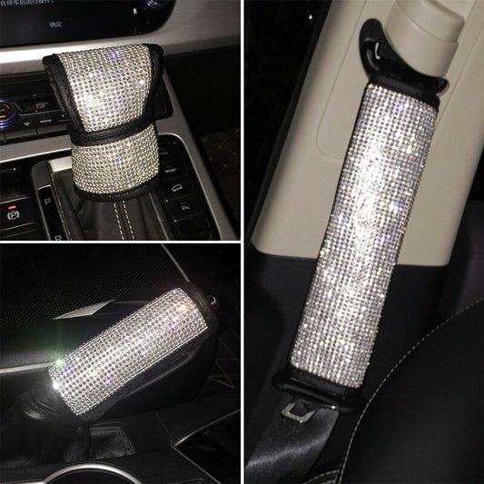 Car Shift Knob Handbrake Seatbelt Cover Bling Crystal Interior Decor 3 Pcs Sets