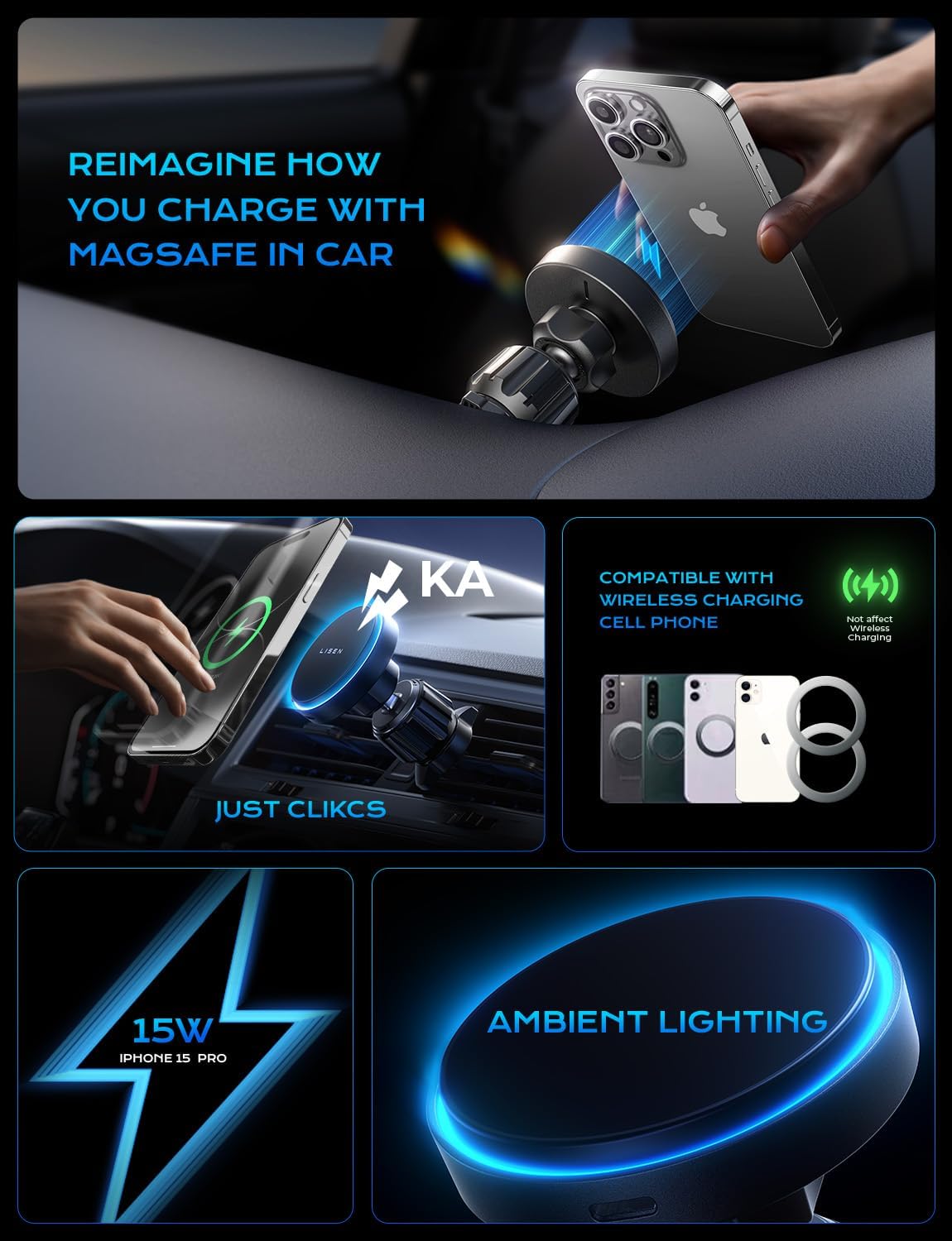 Magsafe Car Mount Charger Hands Free 15W Wireless Charger