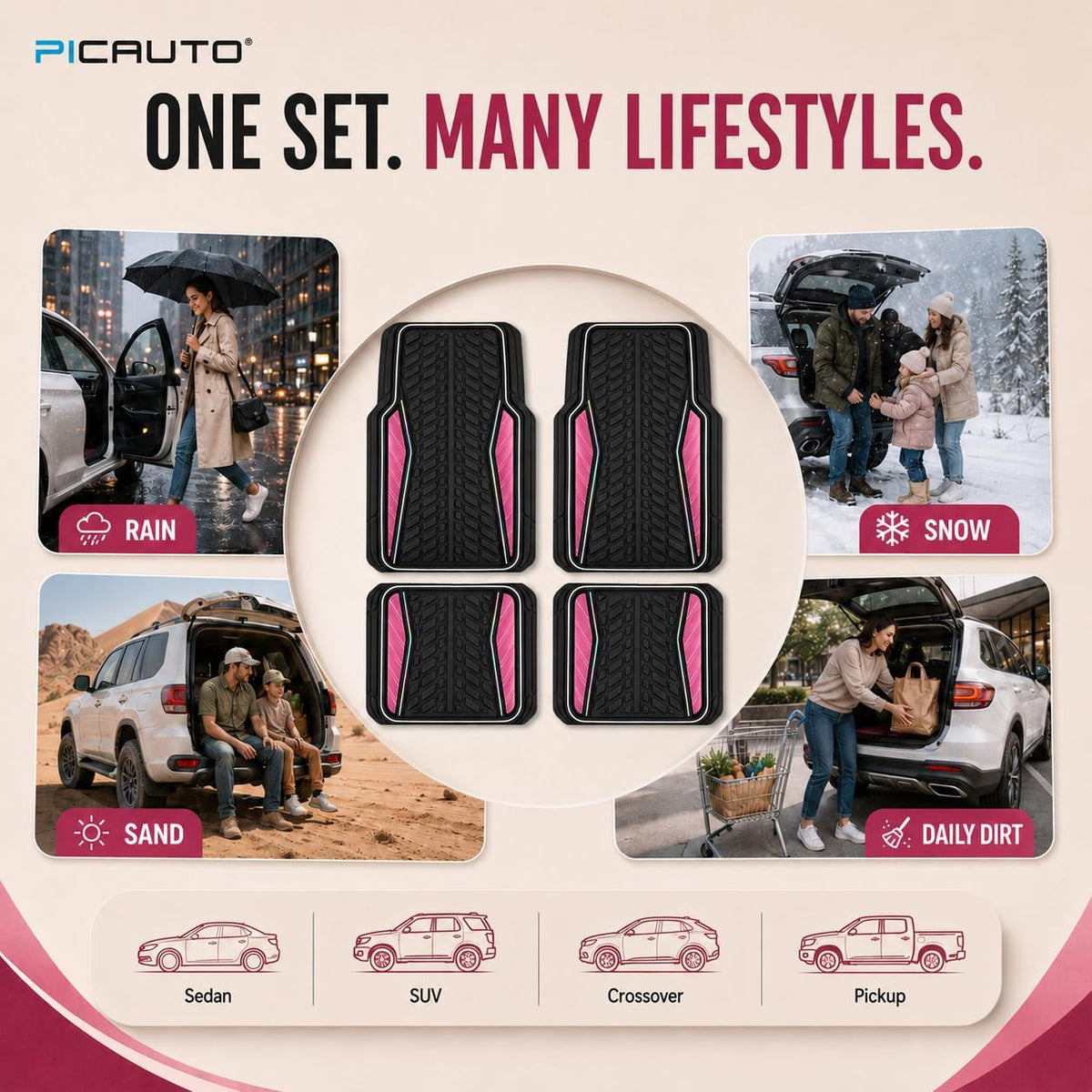 4 Packs AUTO Car Floor Mats Aluminum-Molded Full-Circle Universal-Fit Rubber Mats