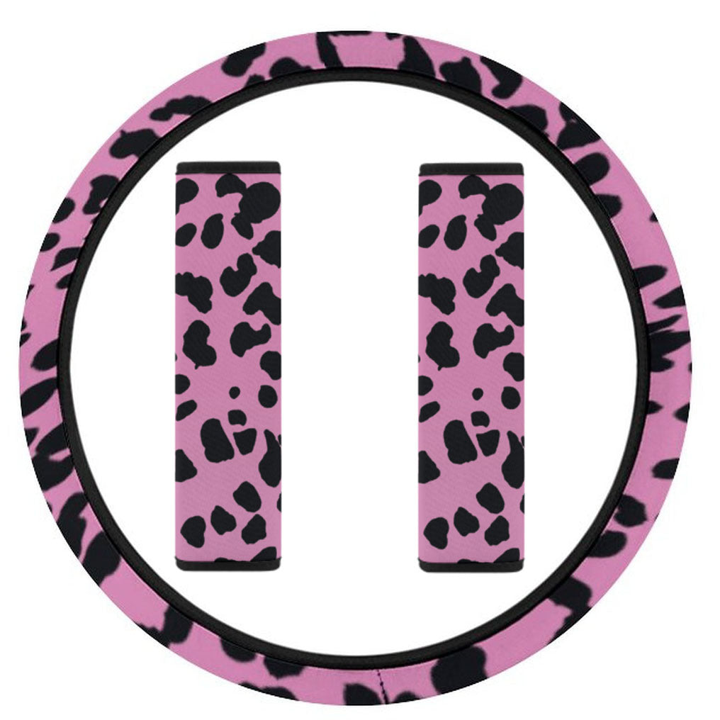 Car Automotive Pink Leopard Print Front Seat Cover Steering Wheel Cover