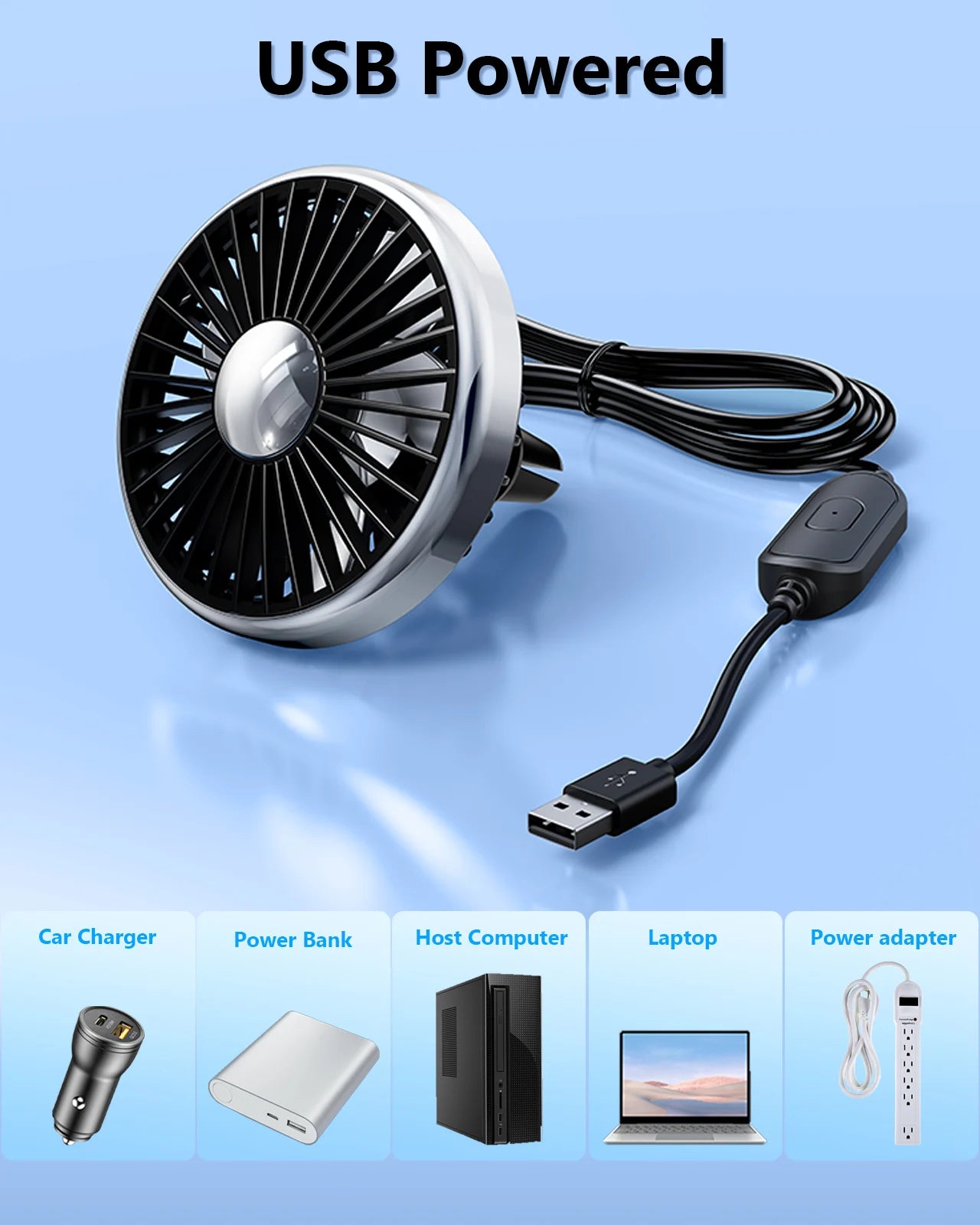 Car Universal Air Vent Clip Lighting USB Plug-In Cooling Fans