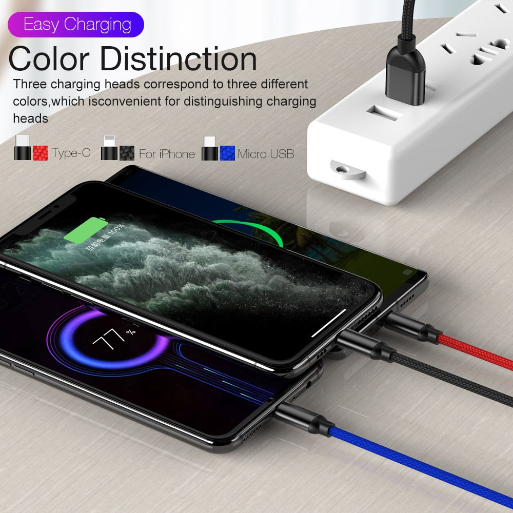 Car Mobile Phone USB Cable Wire Cord Fast Charger Cable 3 In1 Type C