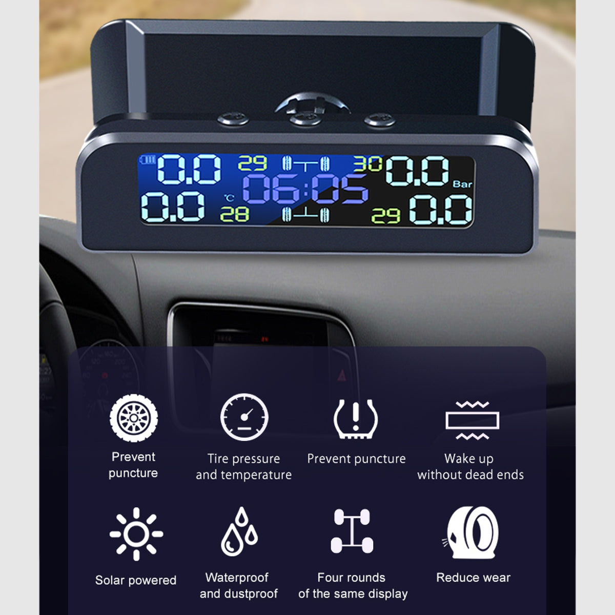 Car TPMS Pressure System Solar Power LCD Display Time Display Tools