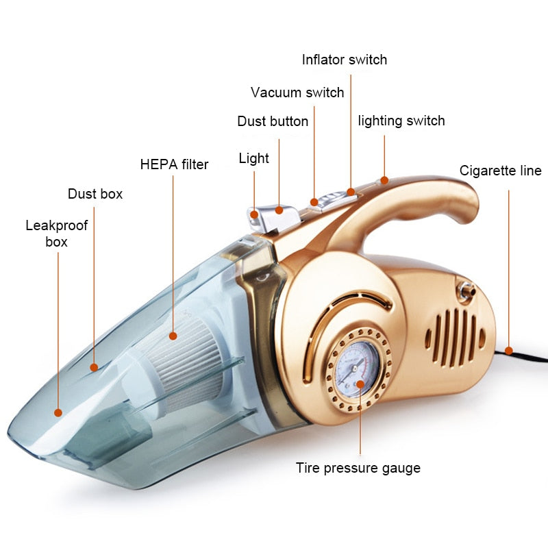 Car Vacuum Cleaner Handheld Inflator Pump Pressure Wet / Dry Use