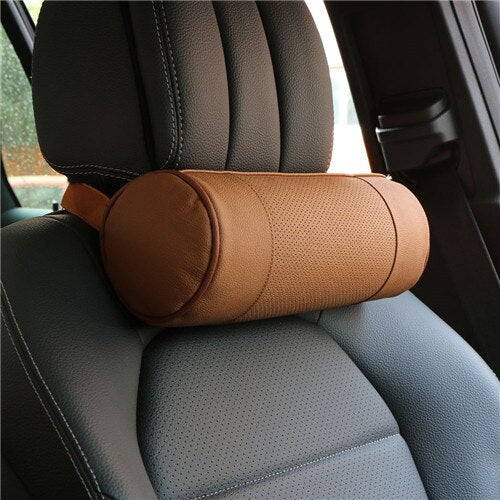 Car Neck Pillow Leather Cervical Memory Foam Round Roll Office Chair Bolster Headrest Cushion