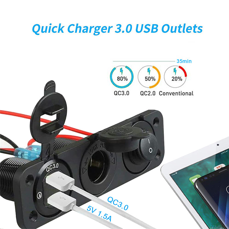 Car Charger Socket Waterproof Dual USB QC3.0 Outlet Panel 12V 3 in 1