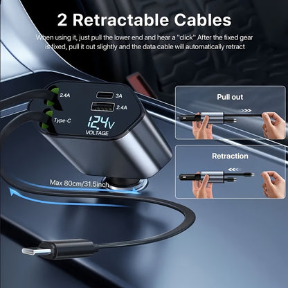 4 in 1 Car Charger Super Fast 120W Retractable Cables