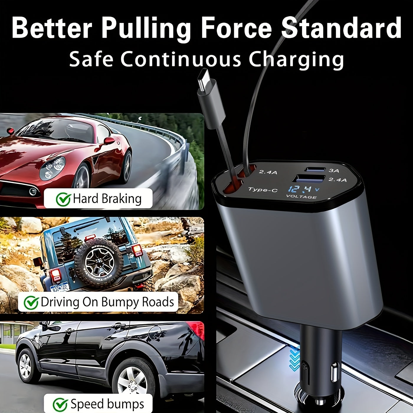 4 in 1 Car Charger Super Fast 120W Retractable Cables