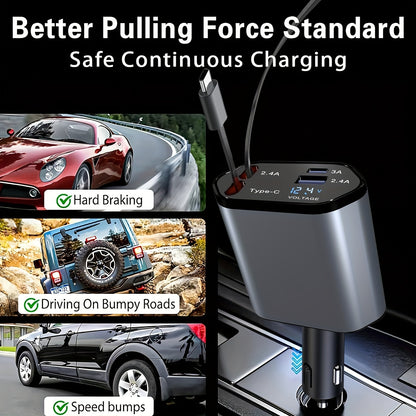 4 in 1 Car Charger Super Fast 120W Retractable Cables