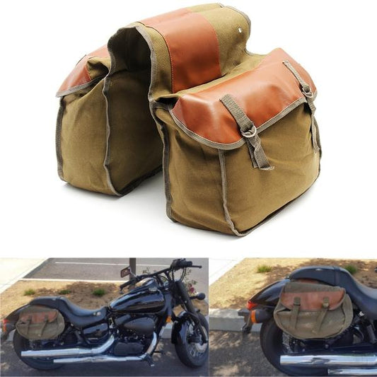Motorcycle Bike Side Saddle Canvas Luggage Khaki Bag Organizer