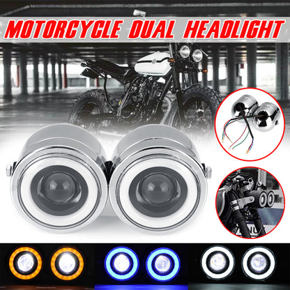 Motorcycle Double Dual Lamp Street Fighter Naked  Beam Twin Headlight Chrome 12V
