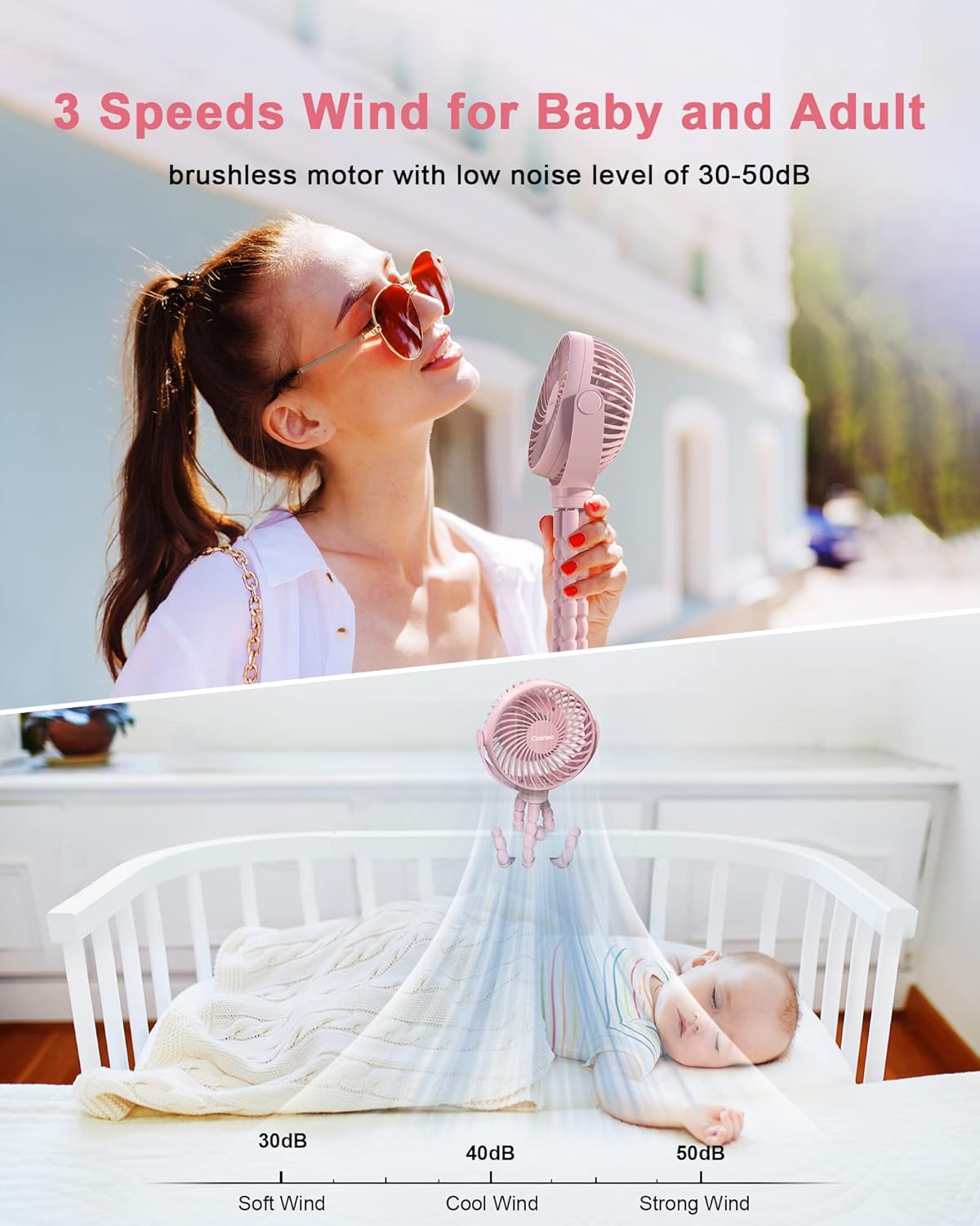 Car Baby Stroller Clip USB Rechargeable Portable Fan
