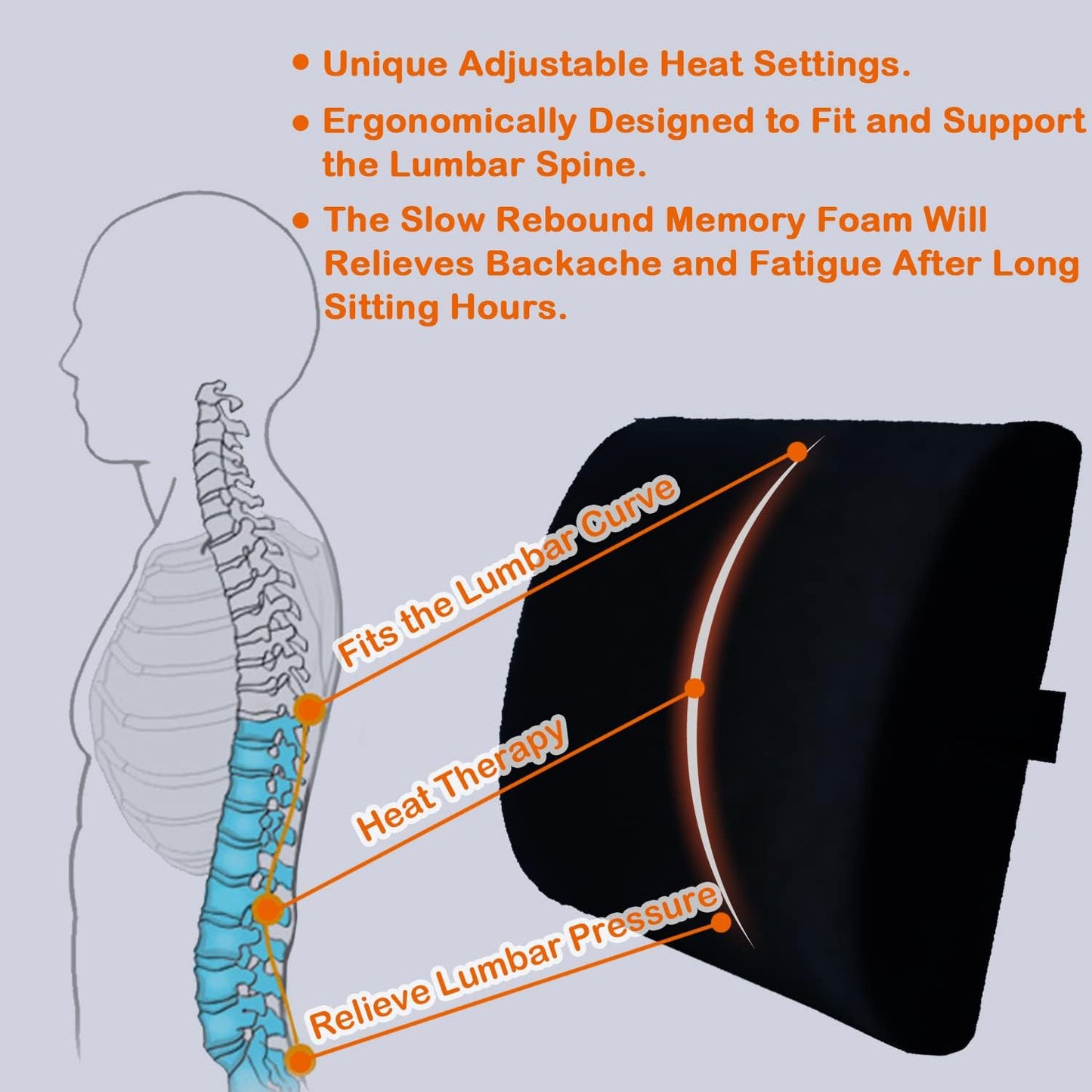 Car Chair Heated Lumbar Support Cushion 3 Heat Settings