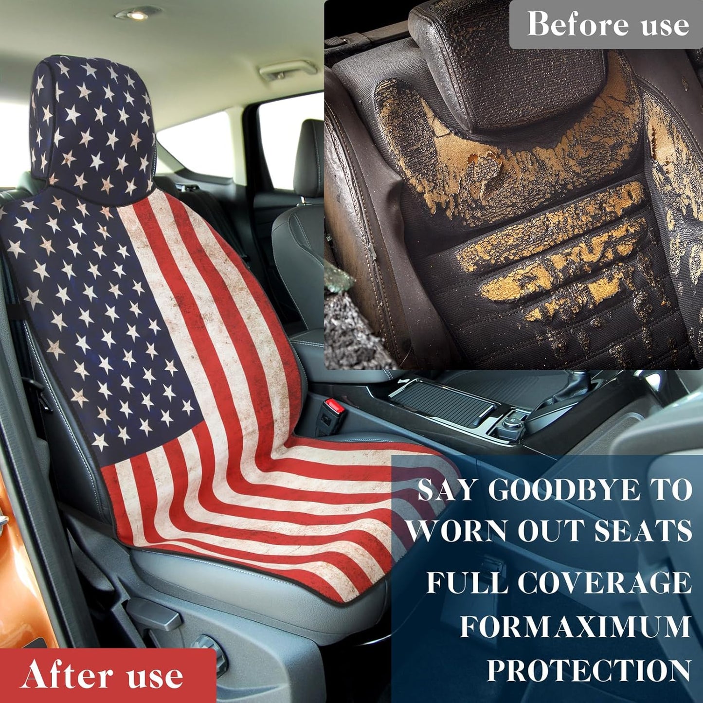 2 Pcs Neoprene Car Seat Universal Waterproof USA Flag Cushion
