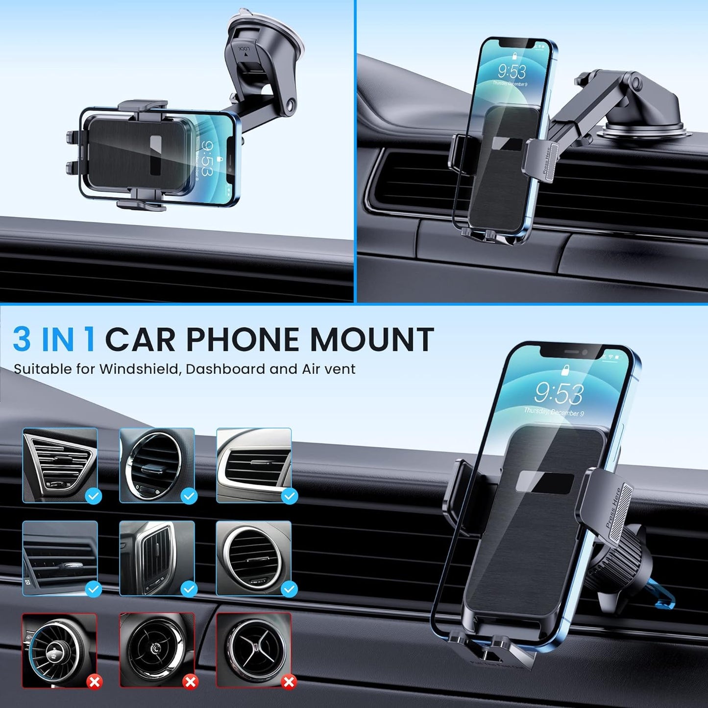 Car Vent Mount  [Military-Grade Hook Clip] Stand Phone Holder