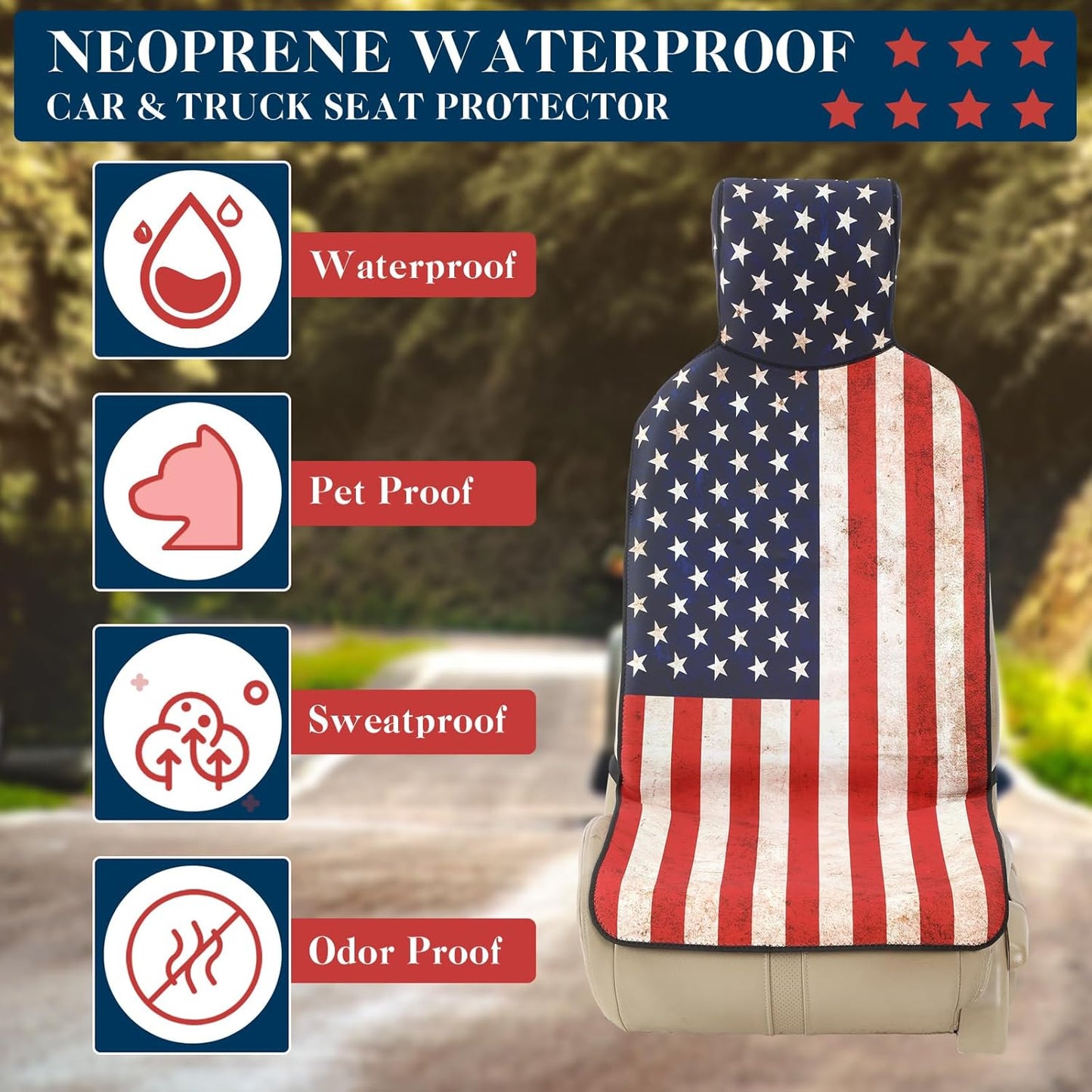 2 Pcs Neoprene Car Seat Universal Waterproof USA Flag Cushion