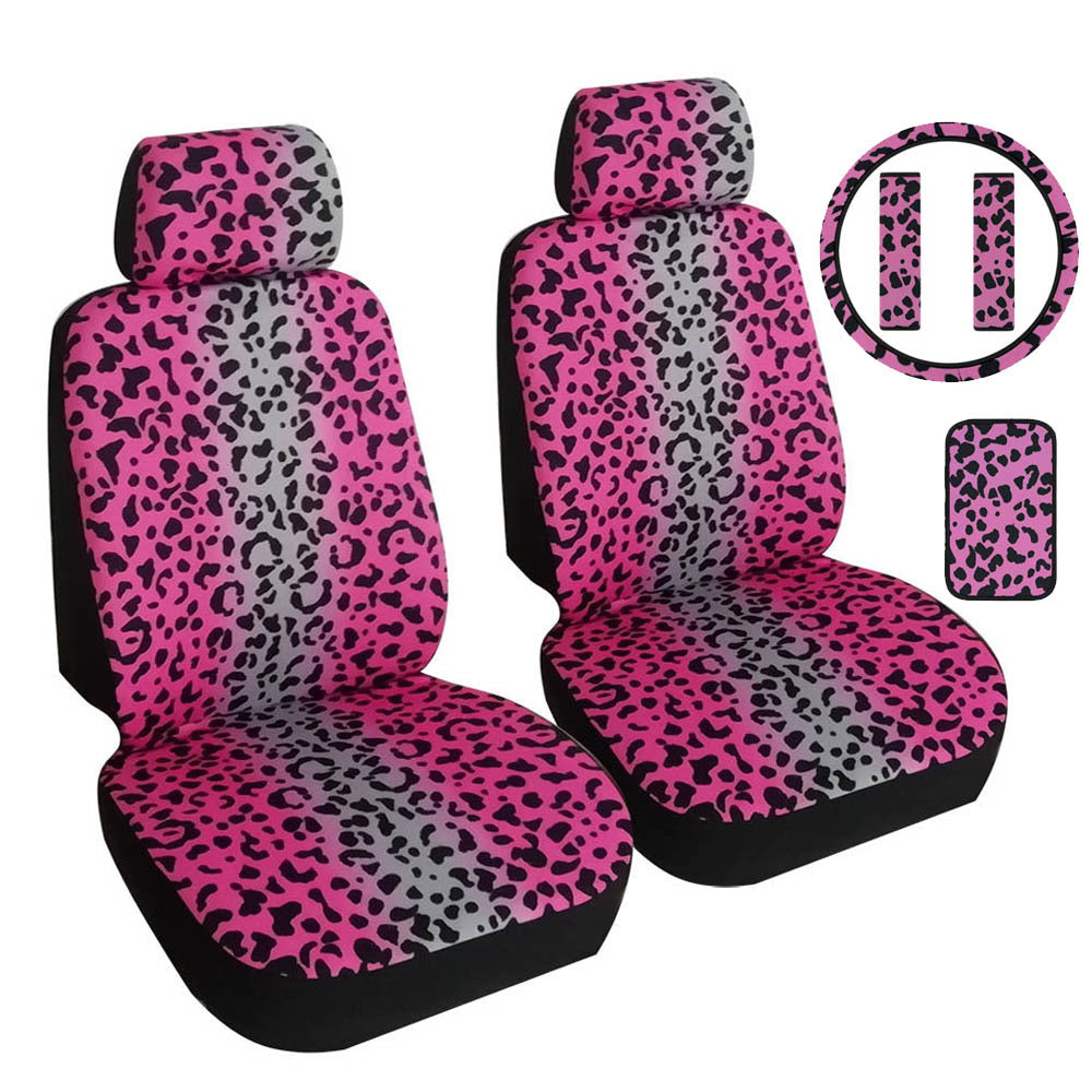 Car Automotive Pink Leopard Print Front Seat Cover Steering Wheel Cover