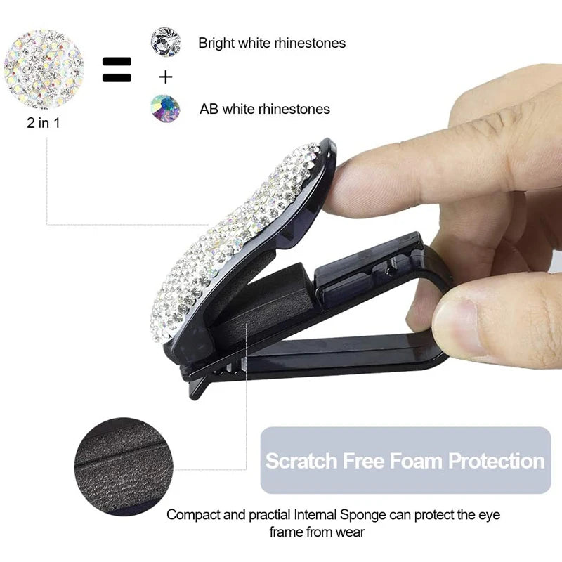 Car Rhinestone Diamond Decoration Clip Portable Sunglasses Organizer