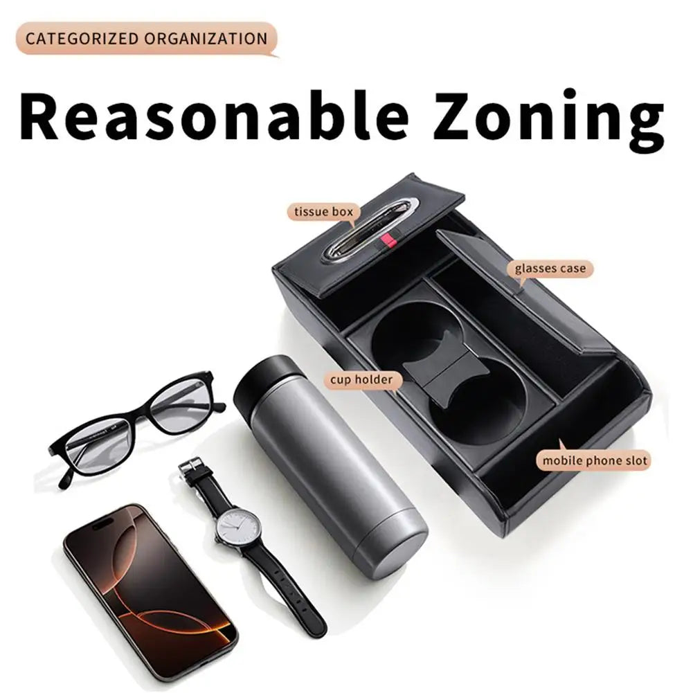 Car Armrest Pad Multifunctional Storage Box Tissue Water Cup Holder Organizer