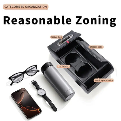 Car Armrest Pad Multifunctional Storage Box Tissue Water Cup Holder Organizer