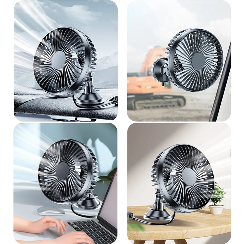 Car USB Windshield Desk Fans 12V/24V Suction Cup Auto Cooler