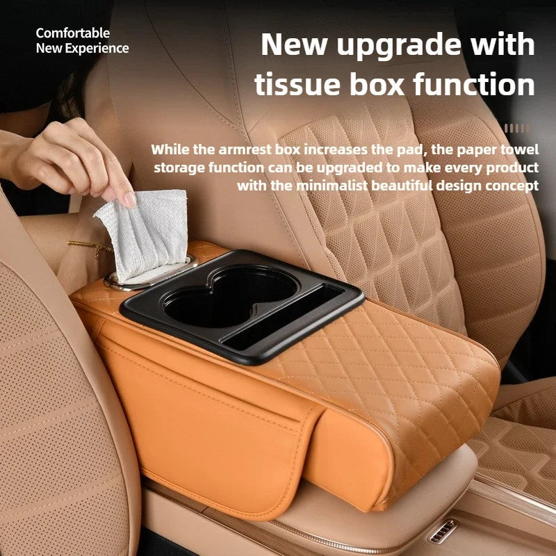 Car Armrest Box Thicken Pad Arm Rest Cushion with Pocket Tissue Cup Holder Organizer