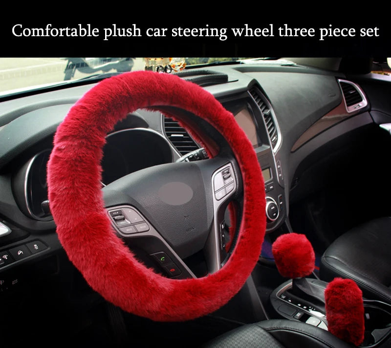 3Pcs/Set Winter Car Rabbit Hair Steering Wheel Cover Handbrake Warm Fur Case Gear Auto Interior