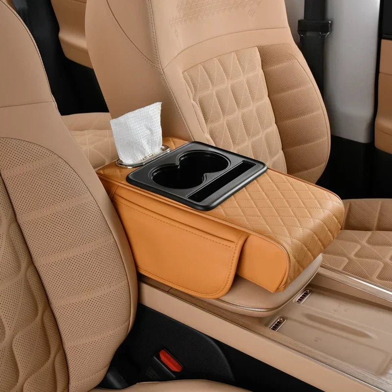 Car Armrest Box Thicken Pad Arm Rest Cushion with Pocket Tissue Cup Holder Organizer