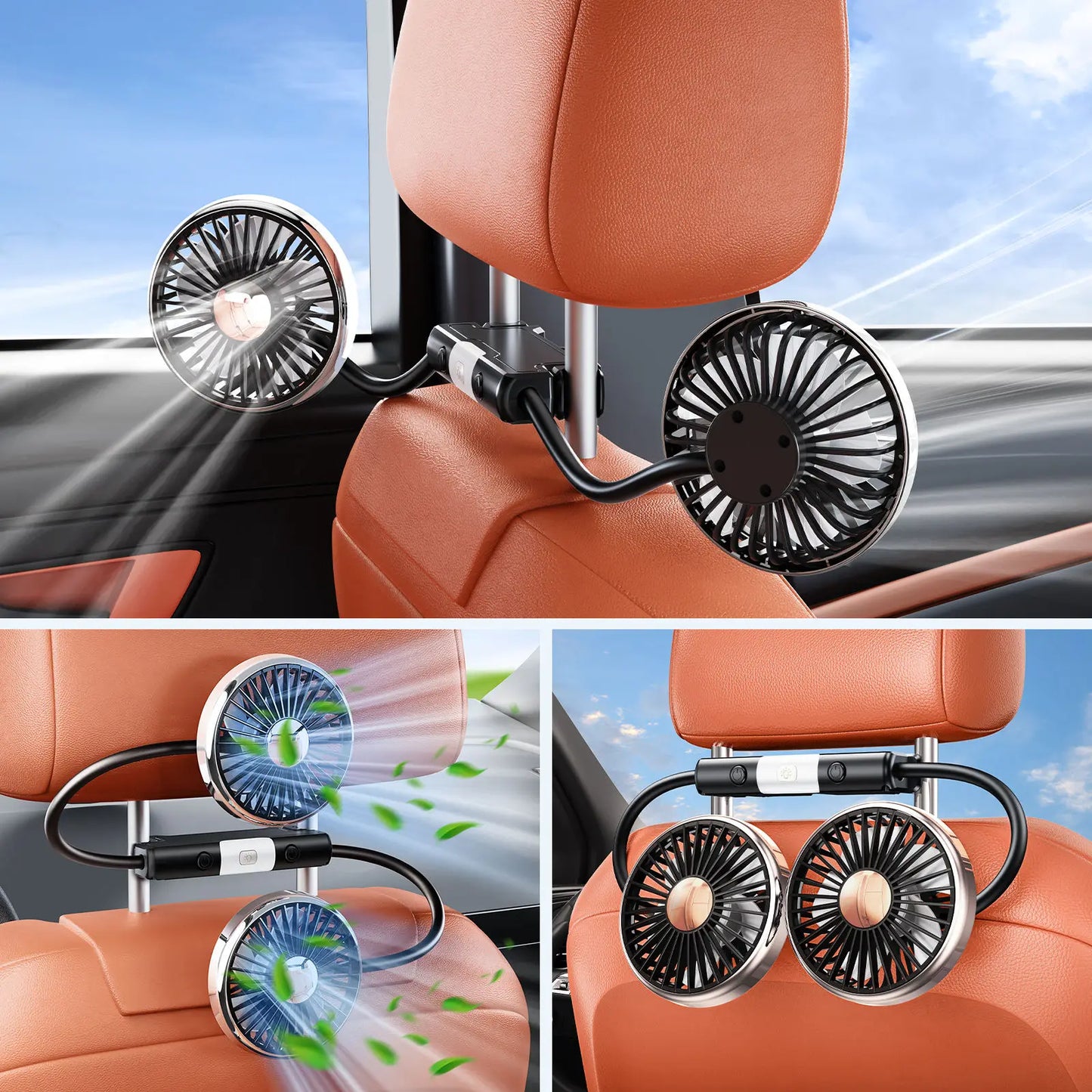 Car Dual-Head Rear USB Powered 360°Rotation Cooling Fan
