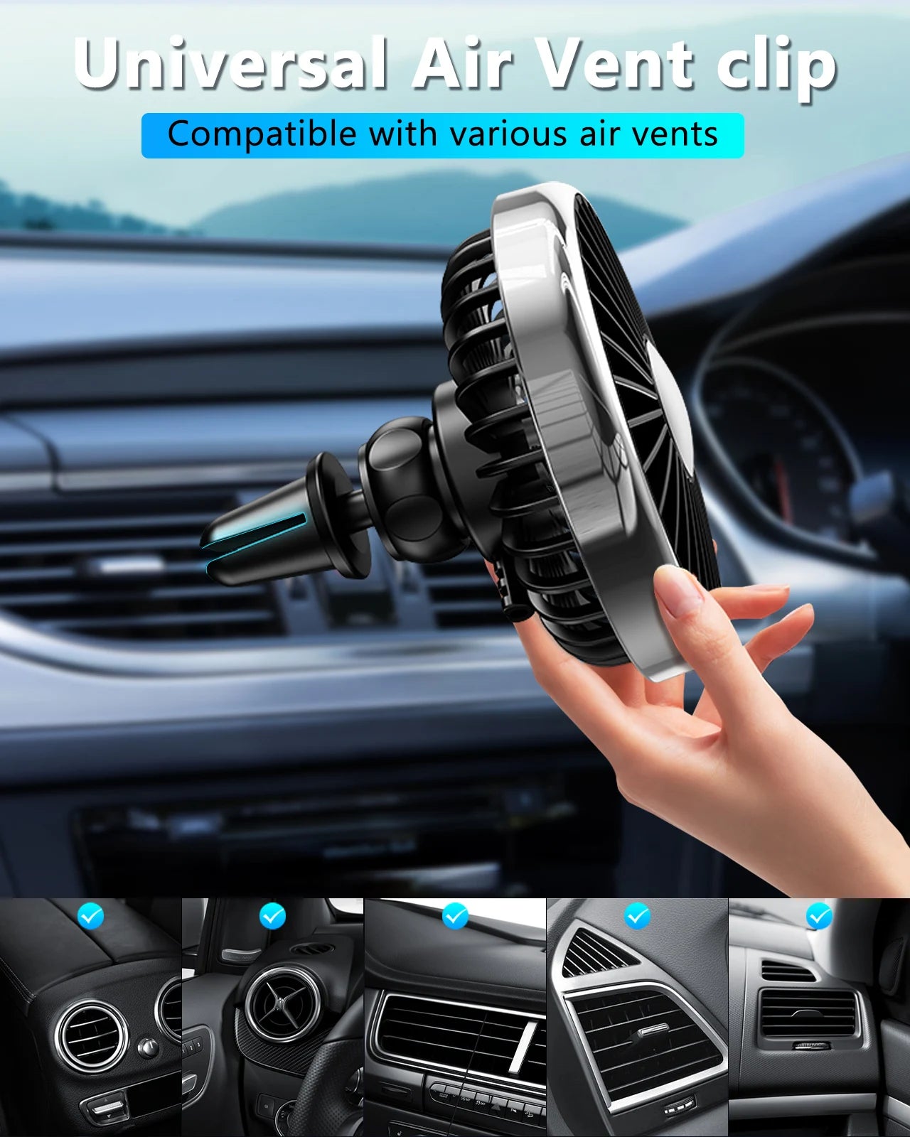 Car Universal Air Vent Clip Lighting USB Plug-In Cooling Fans