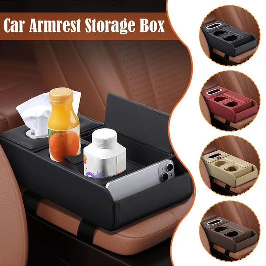 Car Armrest Pad Multifunctional Storage Box Tissue Water Cup Holder Organizer