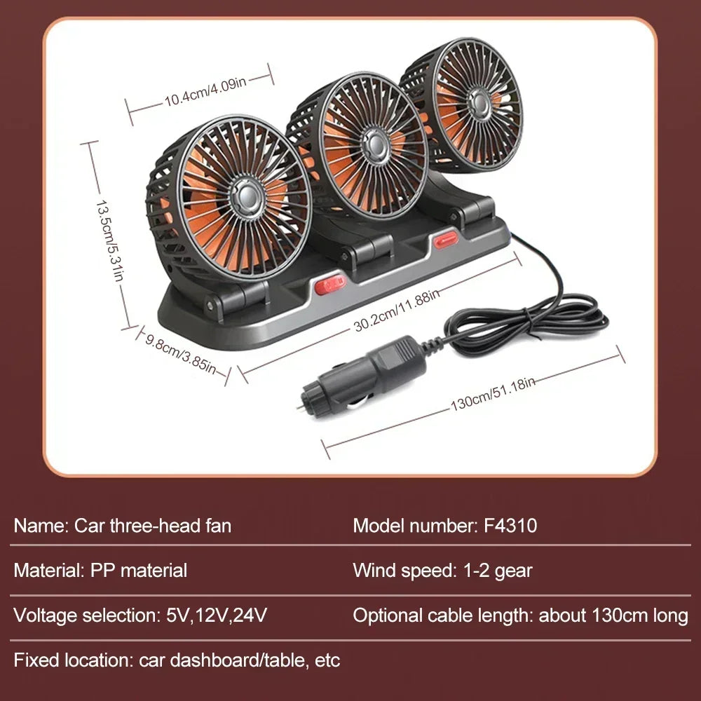 Car Cooling 360° Adjustable 3 Heads USB/12V/24V 2 Speed Silent Cooler Fan