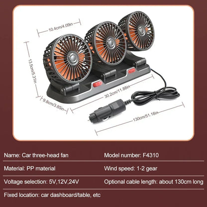 Car Cooling 360° Adjustable 3 Heads USB/12V/24V 2 Speed Silent Cooler Fan
