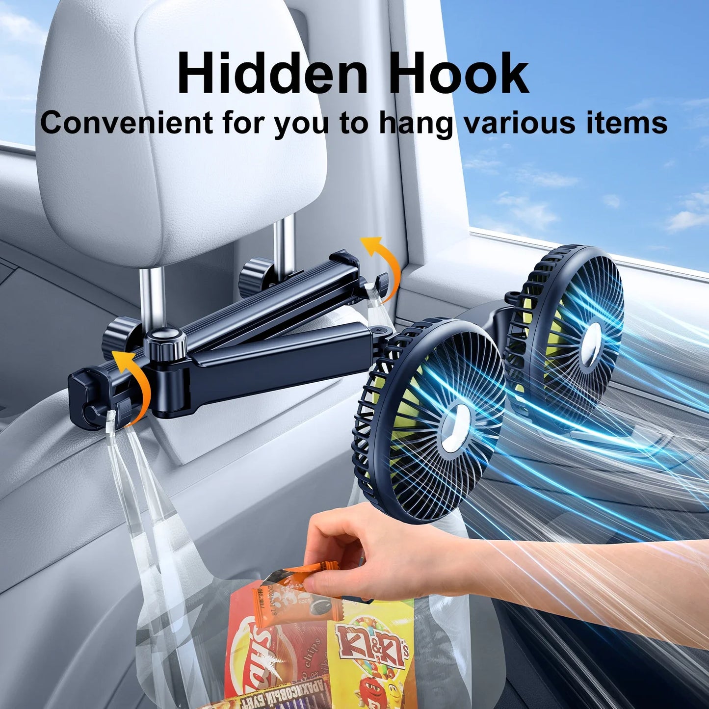 Car Dual-Head Fan Headrest 360° Rotation Air Cooling Fan