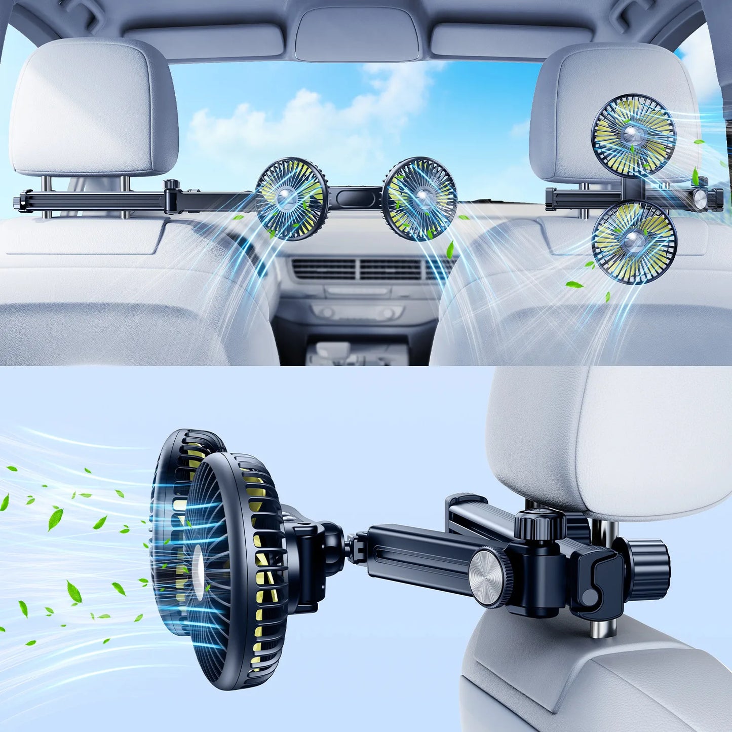 Car Dual-Head Fan Headrest 360° Rotation Air Cooling Fan
