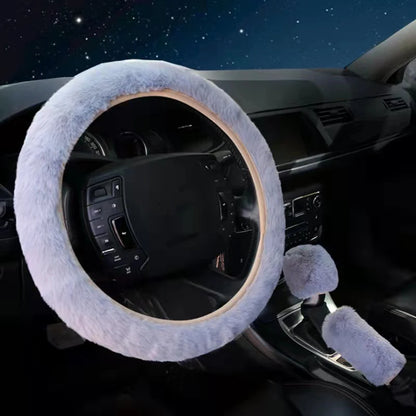 3Pcs/Set Winter Car Rabbit Hair Steering Wheel Cover Handbrake Warm Fur Case Gear Auto Interior