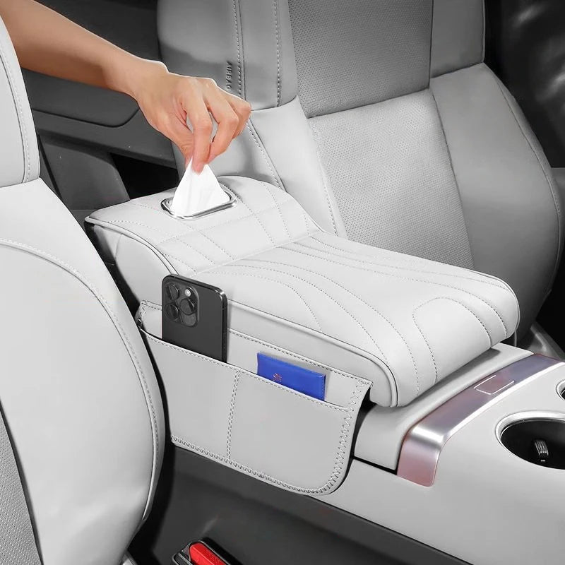 Car Universal Armrest Cushion Quilted Leather Enhance Comfort Oraganizer