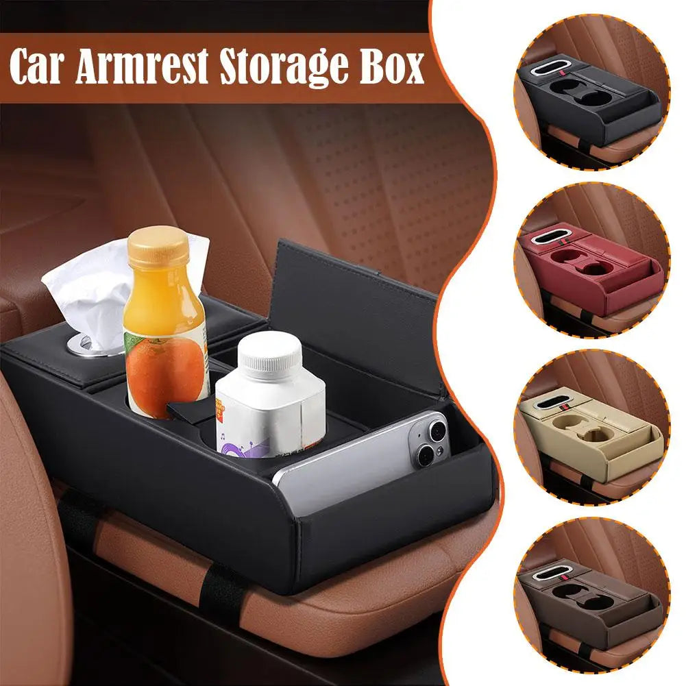Car Armrest Pad Multifunctional Storage Box Tissue Water Cup Holder Organizer