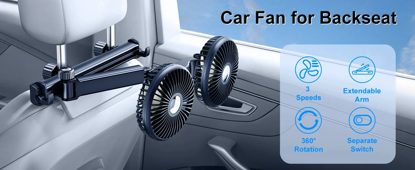 Car Dual-Head Fan Headrest 360° Rotation Air Cooling Fan
