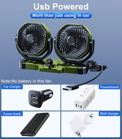 Car Dual-Head 2 Speeds Wind 360° Rotatable Fans USB/12V/24V
