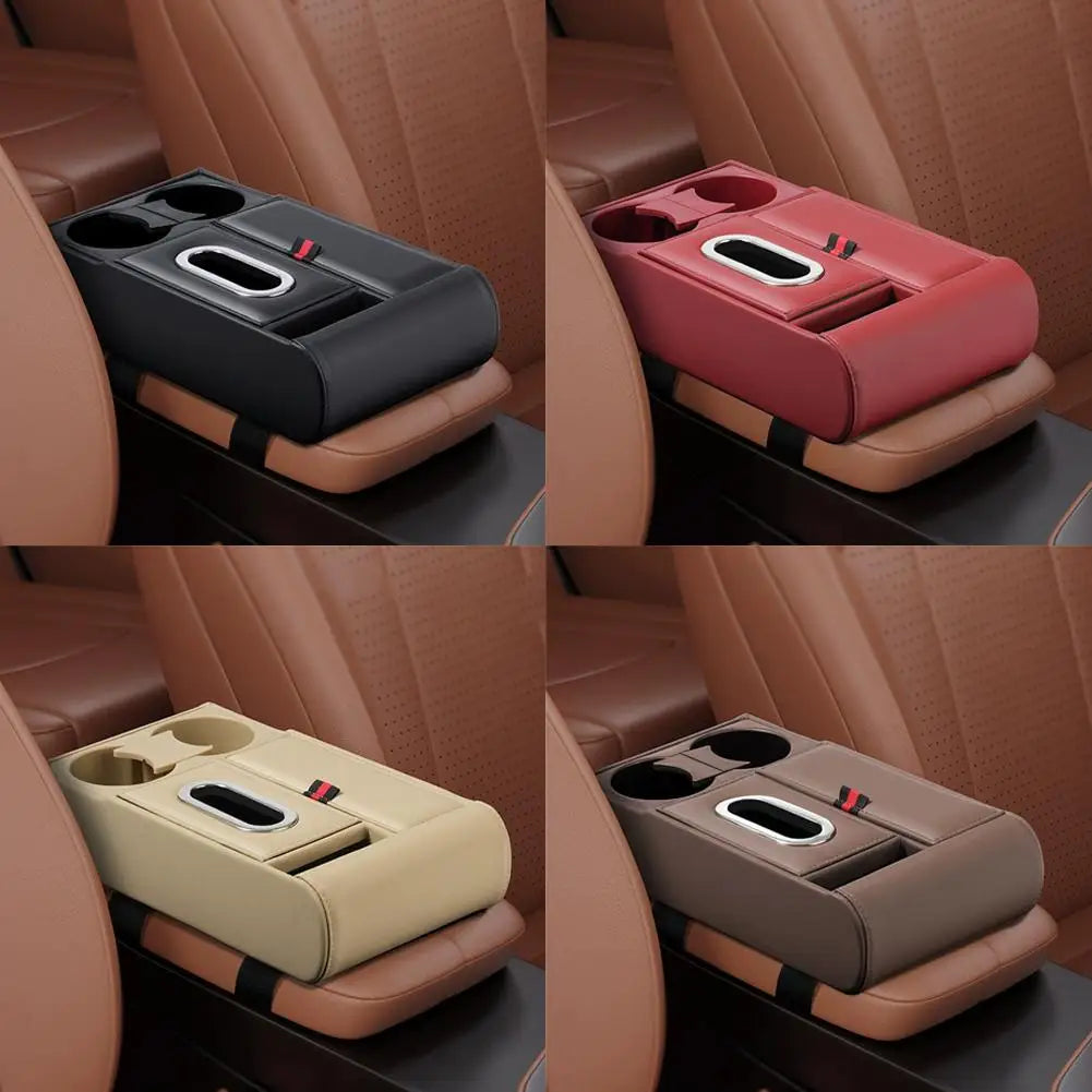Car Armrest Pad Multifunctional Storage Box Tissue Water Cup Holder Organizer