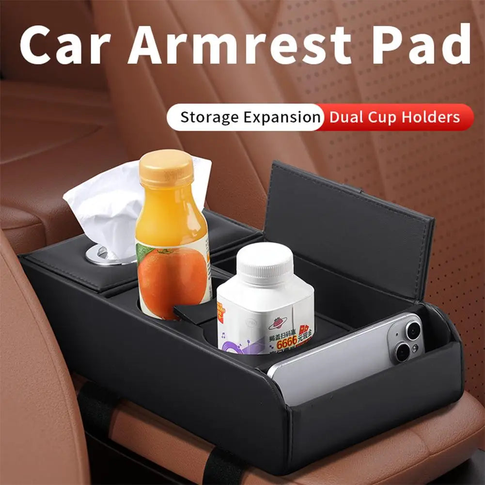 Car Armrest Pad Multifunctional Storage Box Tissue Water Cup Holder Organizer