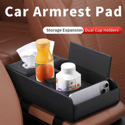 Car Armrest Pad Multifunctional Storage Box Tissue Water Cup Holder Organizer