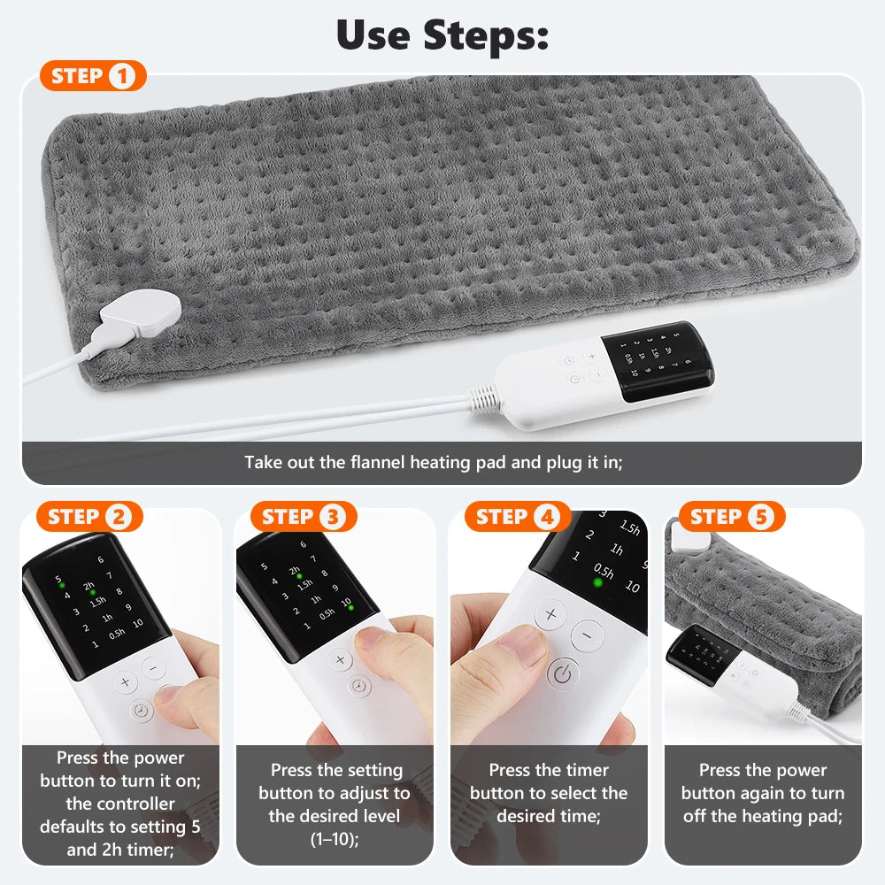 Electric Heating Pad Flannel 10 Warmth Modes 4 Timer Dual SCR Controller