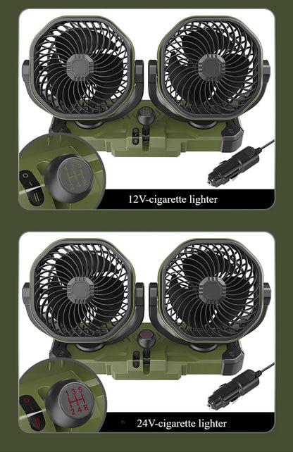 Car Dual-Head 2 Speeds Wind 360° Rotatable Fans USB/12V/24V