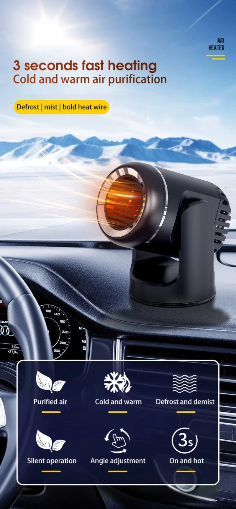 Car 360° Rotate 3 Adjustable Power Heating Fans