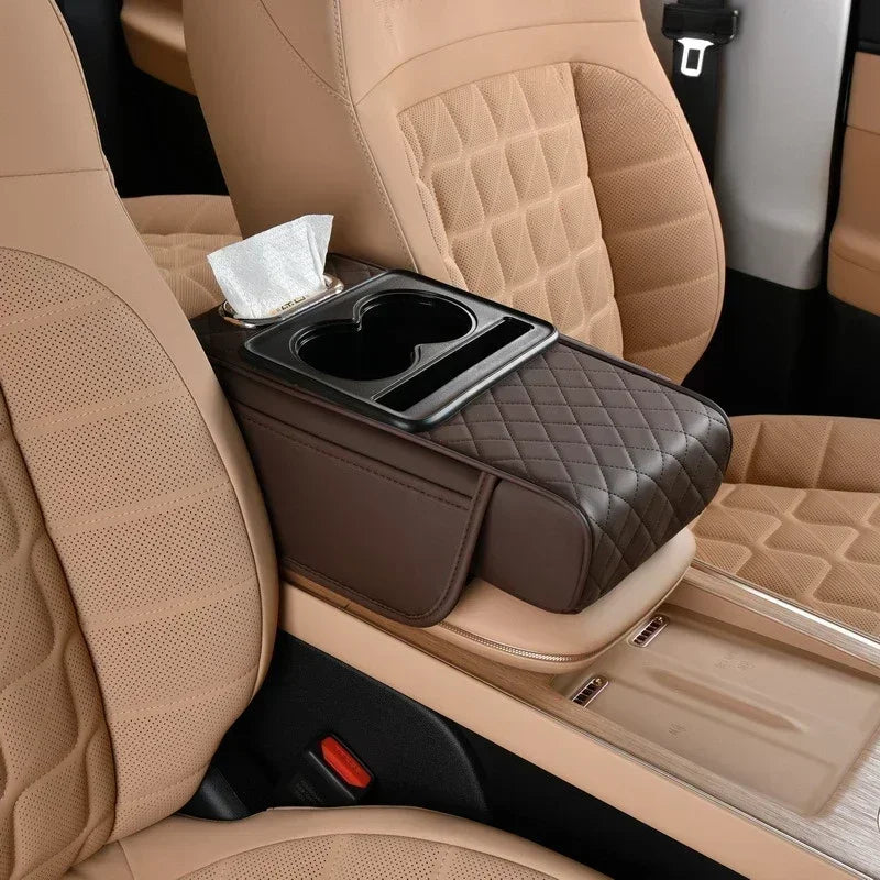 Car Armrest Box Thicken Pad Arm Rest Cushion with Pocket Tissue Cup Holder Organizer