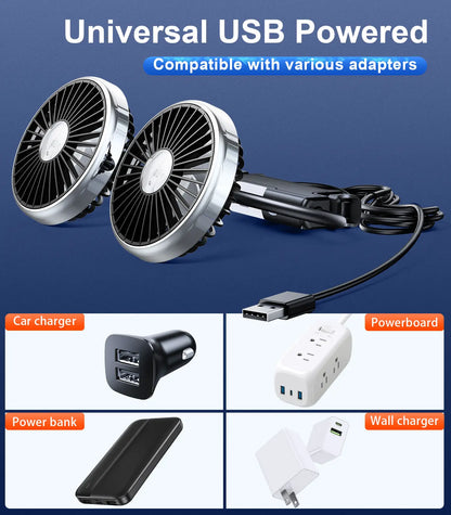 Car Dual-Head Rear USB Powered 360°Rotation Cooling Fan