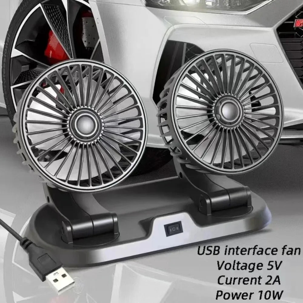 Car Dual Head USB Cooling Fan 2 Speeds Adjustable Fans 5V/12V/24V