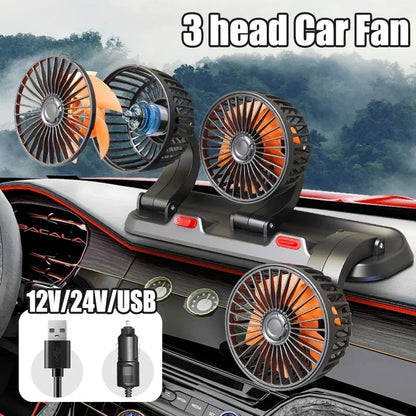Car Cooling 360° Adjustable 3 Heads USB/12V/24V 2 Speed Silent Cooler Fan